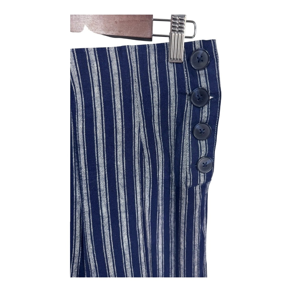 Gap Navy Blue Linen Blend Wide Leg Striped Side Button‎ Coastal Pants Size 4R - Picture 4 of 8